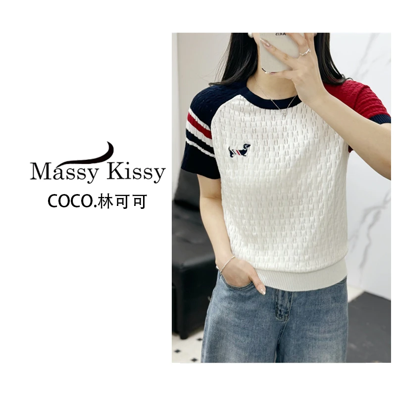 【COCO林可可】镂空刺绣小狗春夏季新款丝光绵羊毛针织短袖T恤x3041