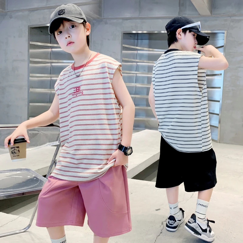 男童夏装套装儿童夏季条纹无袖2025新款爆款中大童洋气宽松夏款潮
