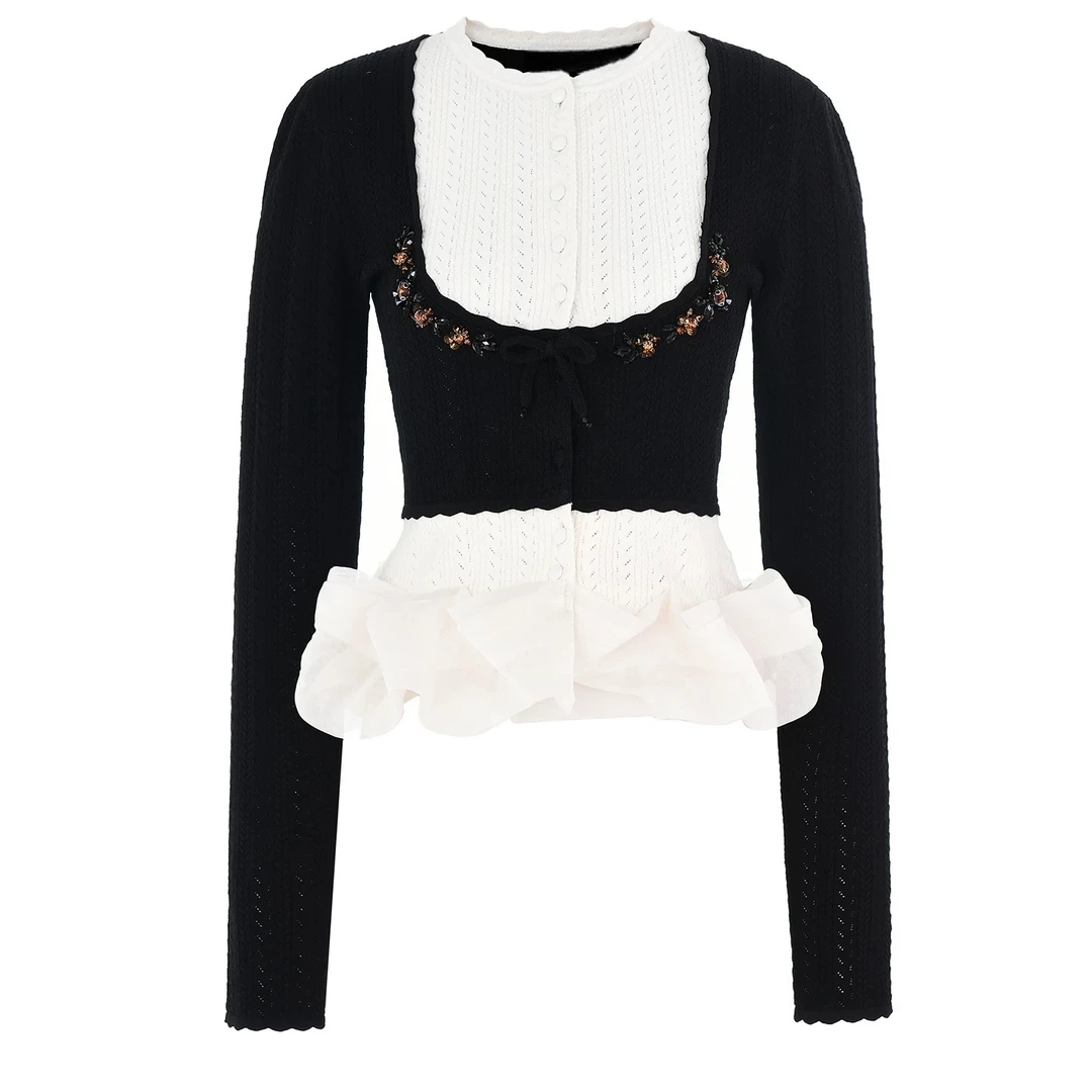 YOYO高定（南法千金）黑白拼接设计感层叠优雅花边针织开衫25早秋