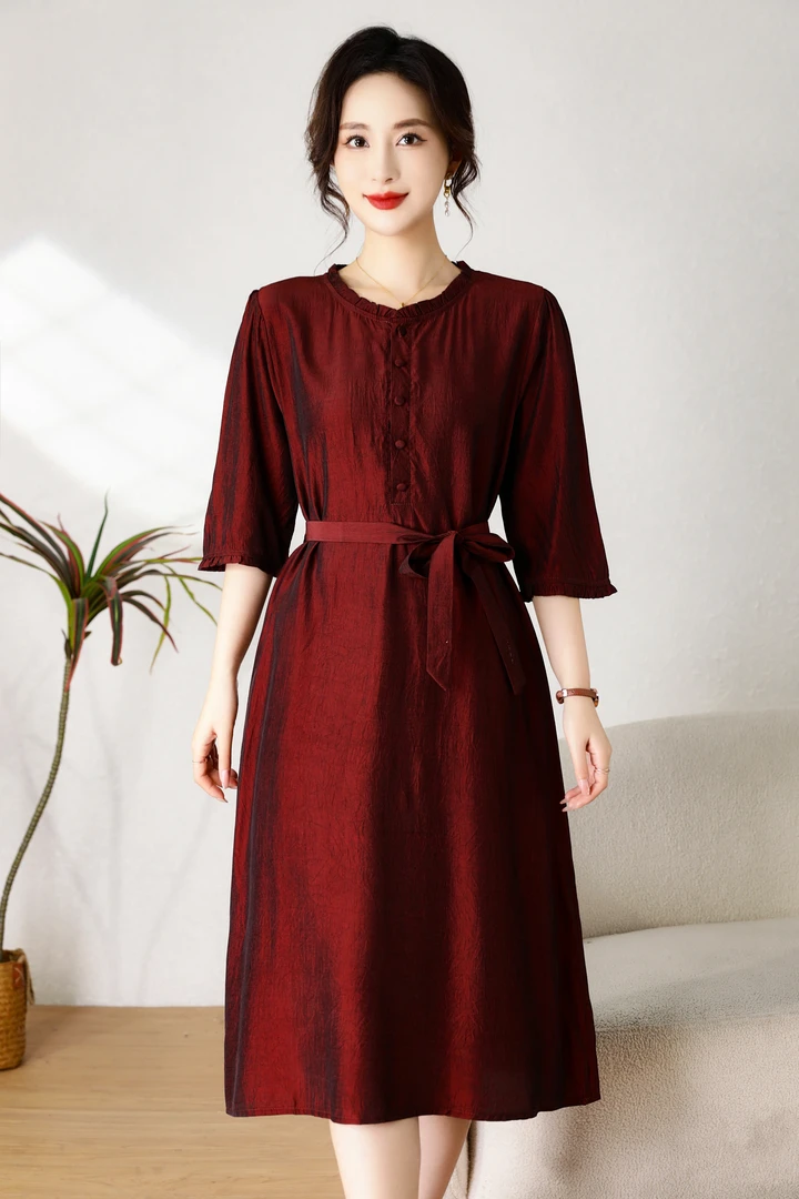 333夏季妈妈连衣裙过膝透气凉快轻薄长裙纯色直筒裙炫彩渐变色