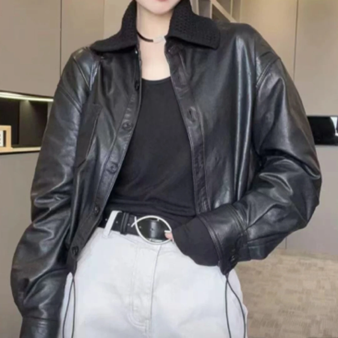 欧货翻领拼接宽松型短款口袋皮衣