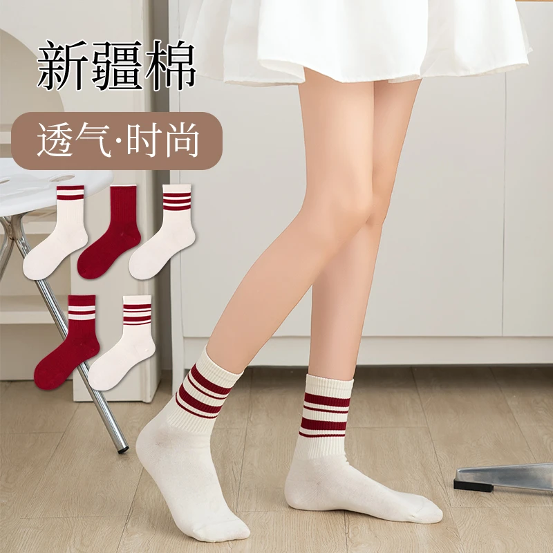 休竹新款秋冬安可拉红色女士ins网红百搭直播潮袜长筒袜棉袜袜子