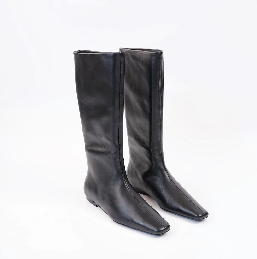 ROSETING长靴ROW风进口小羊皮方头不过膝无弹力极简尖头轻奢鞋子