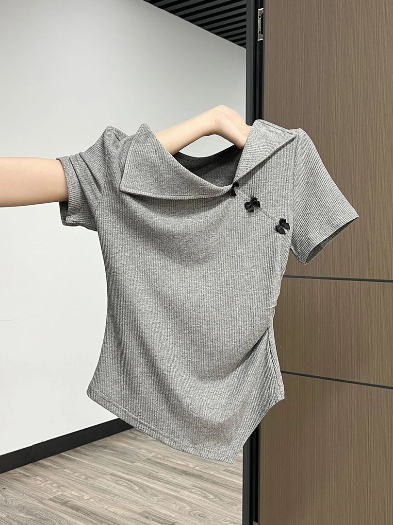灰色翻领露锁骨正肩短袖T恤女夏季2025新款不规则蝴蝶结修身上衣