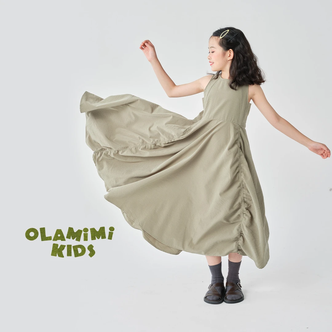 OLAMIMI定制2025夏 亲子女童运动机能风尼龙褶皱抽绳大摆裙连衣裙