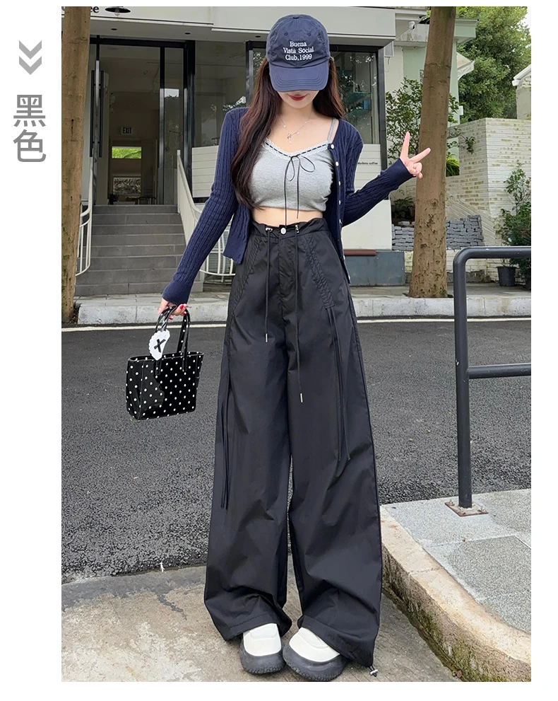 6003【拽酷辣妹潮】设计感调节抽绳玫红卡其黑色休闲阔腿裤