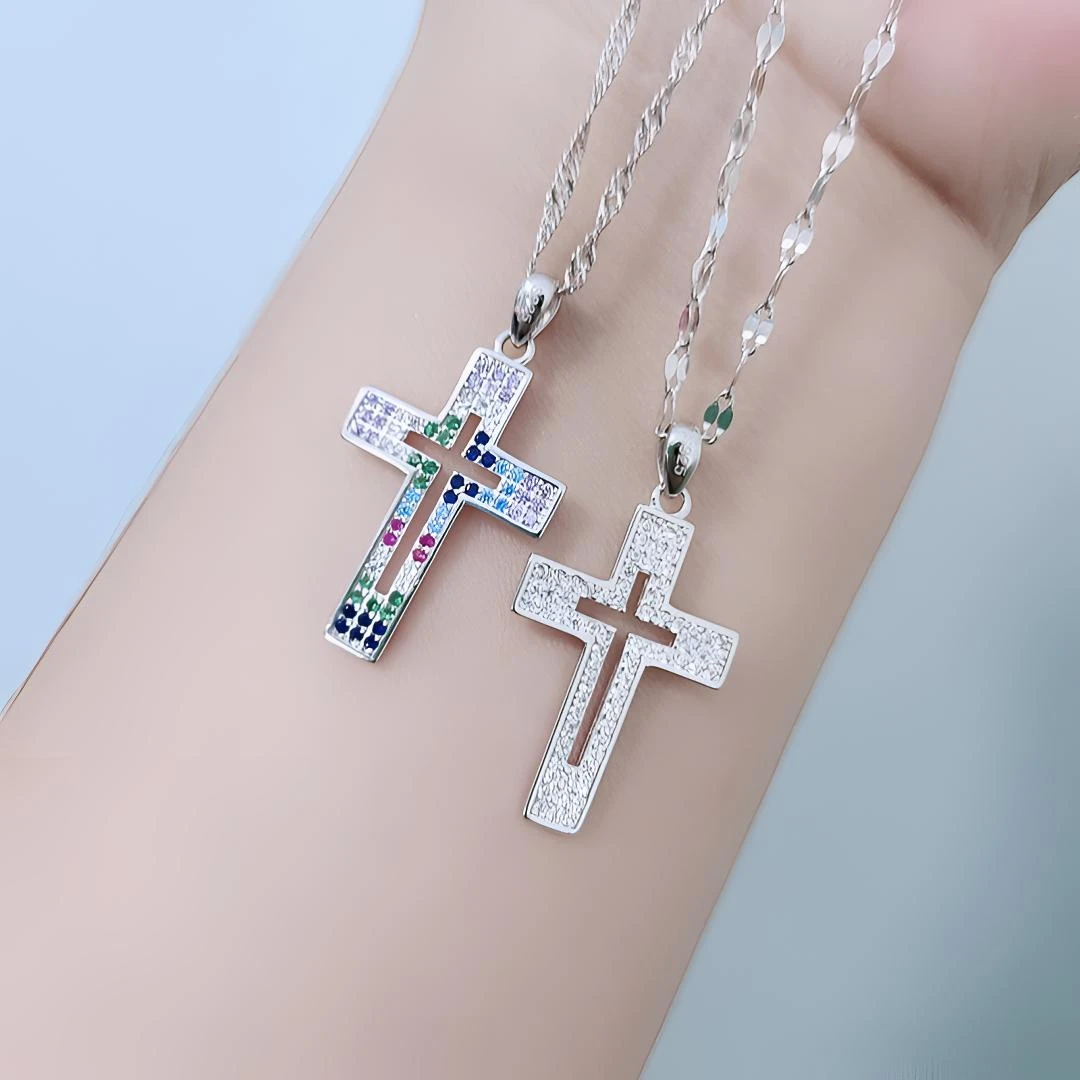 坠链均925银合成锆石 女款镂空纯银十字架项链镶钻精致简约大气