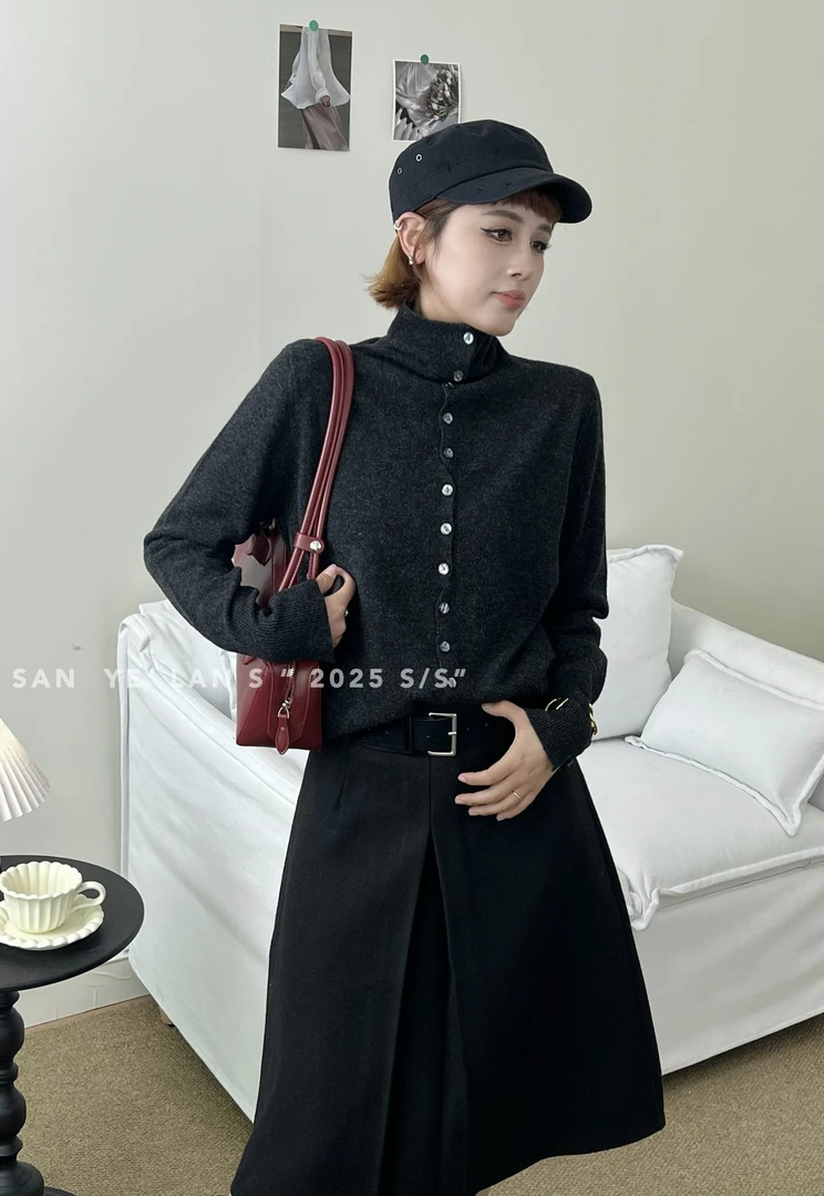 SYL2025冬季新款休闲百搭高领纽扣毛衣6955