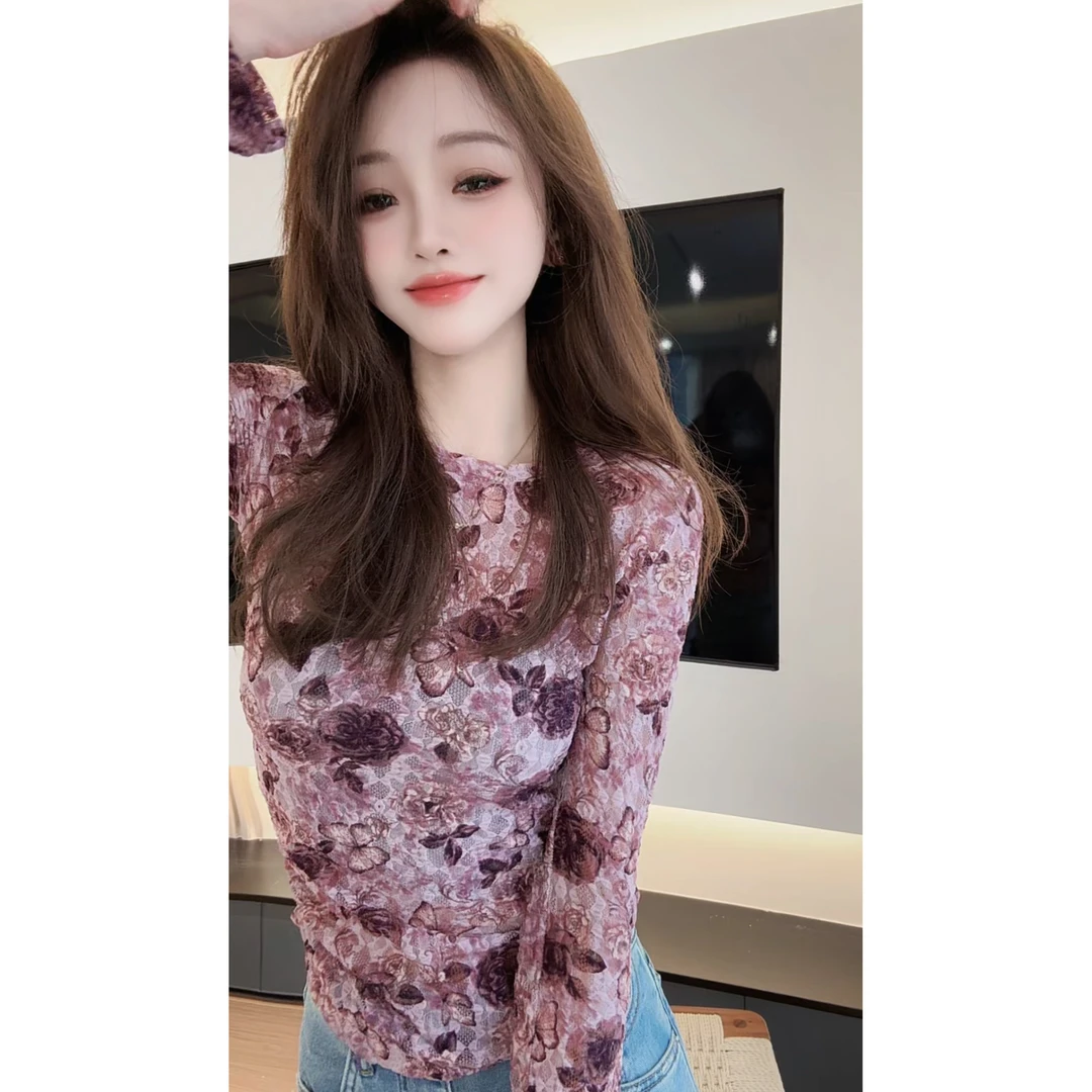 【陈陈私服】洋气设计感碎花小衫修身显瘦凉感长袖上衣25031702