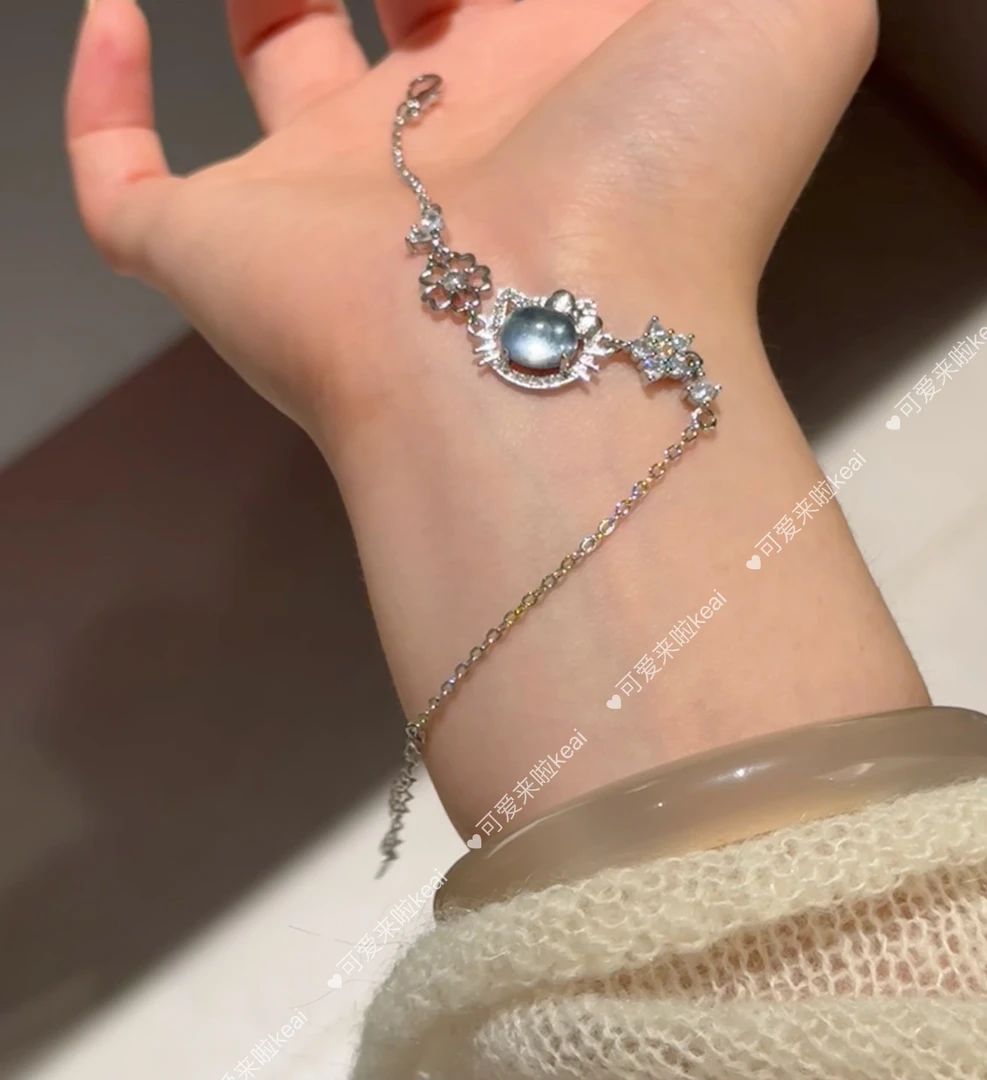 N35《KT海岛》海蓝宝kitty手链