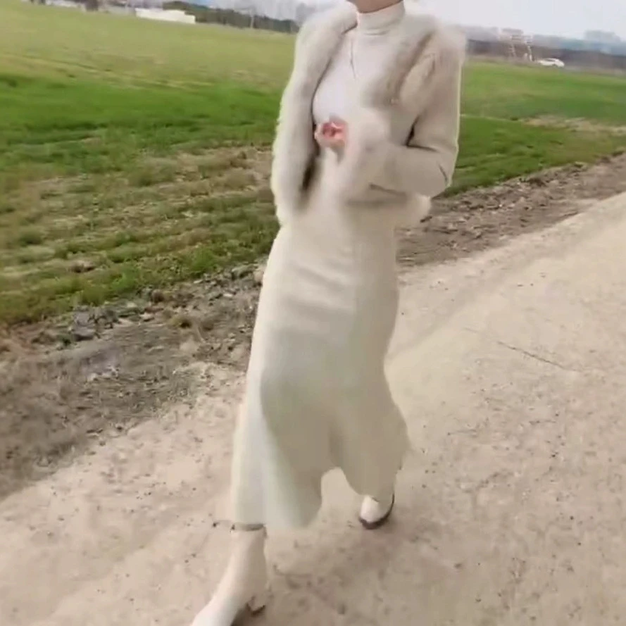 婕妤秀秋冬减龄名媛气质套装裙毛毛拼接短外套+鱼尾裙长款白色