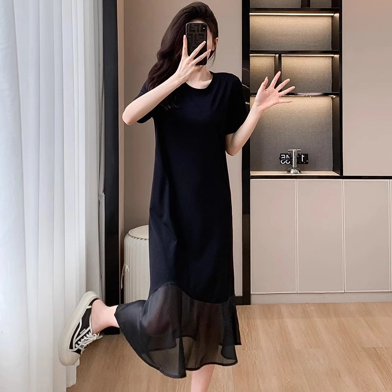 宽松拼接大码时尚夏季连衣裙长裙吸汗裙子韩版大摆裙