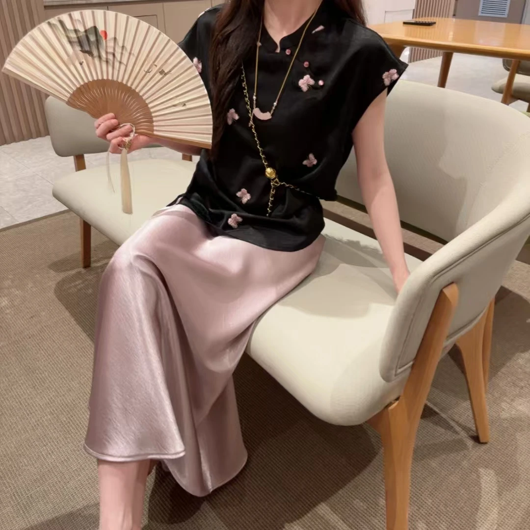 新中式两件套设计师款夏季新款国风盘扣蝴蝶印花上衣半身裙套装