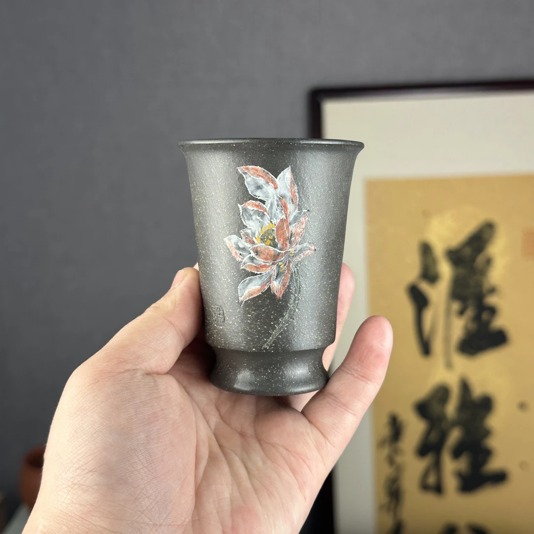 【汇雅馆】宜兴原矿紫砂粗砂天青泥主人杯刻绘莲花闻香杯高档茶具