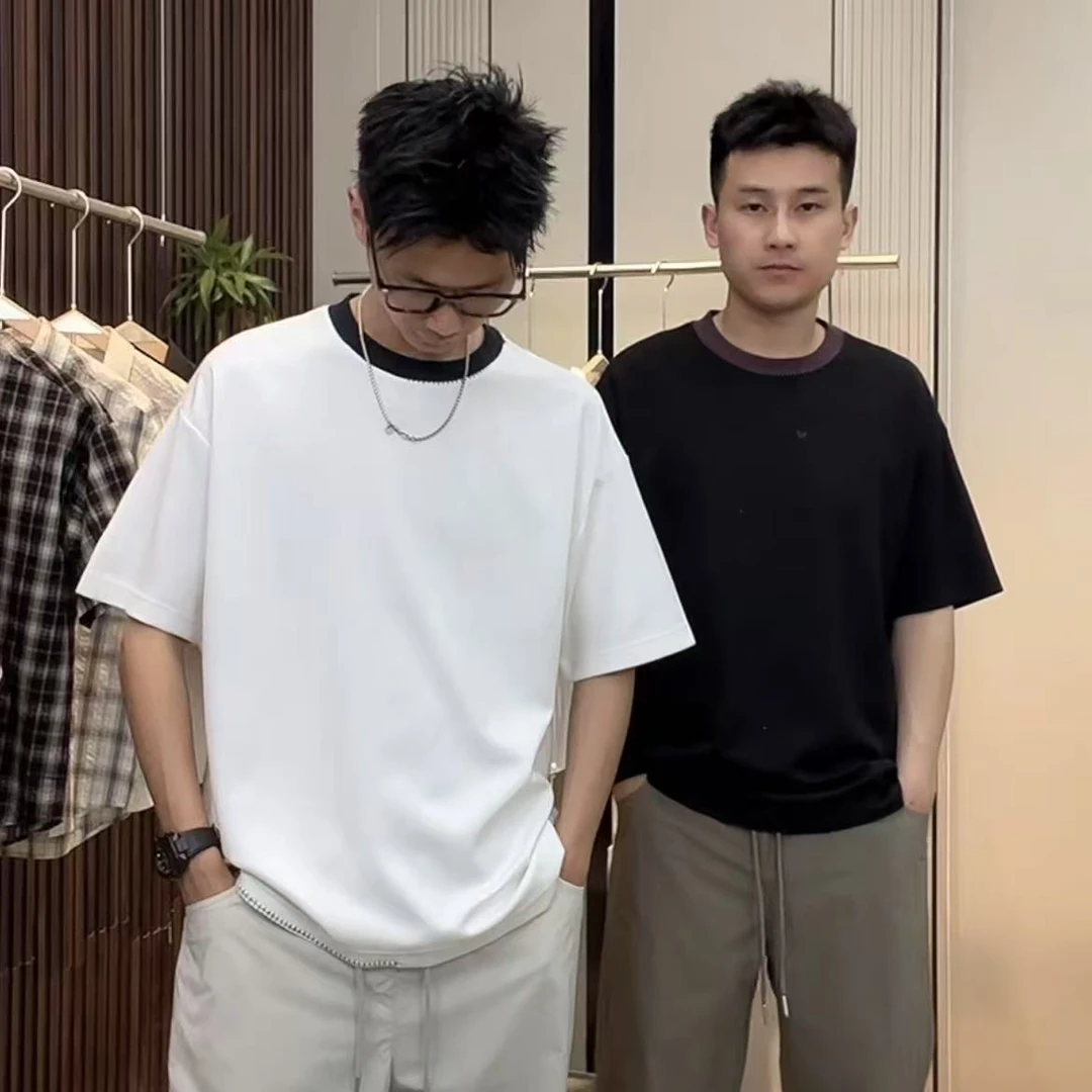 8808#【恬丝莫岱尔】简约时尚明线撞色短袖T恤男夏季休闲棉舒适