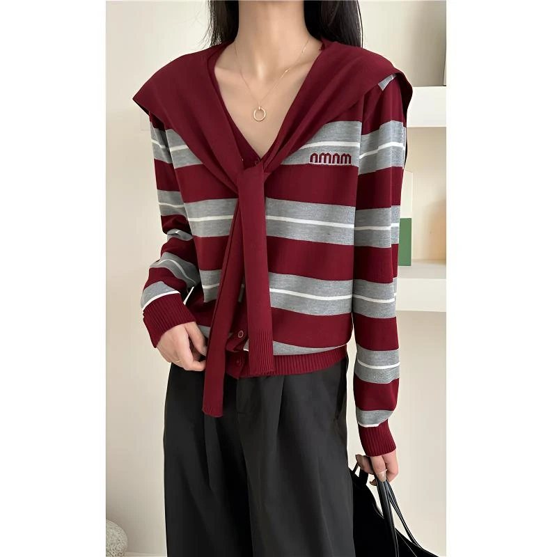 2025早秋新款时尚百搭V领条纹针织衫开衫披肩两件套宽松外套上衣