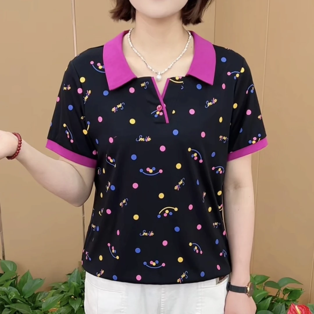 夏季新款时尚翻领圆点气质妈妈装休闲百搭显瘦减龄短袖上衣K989