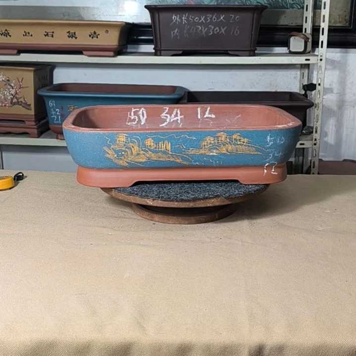 紫砂花盆宝蓝色大号水