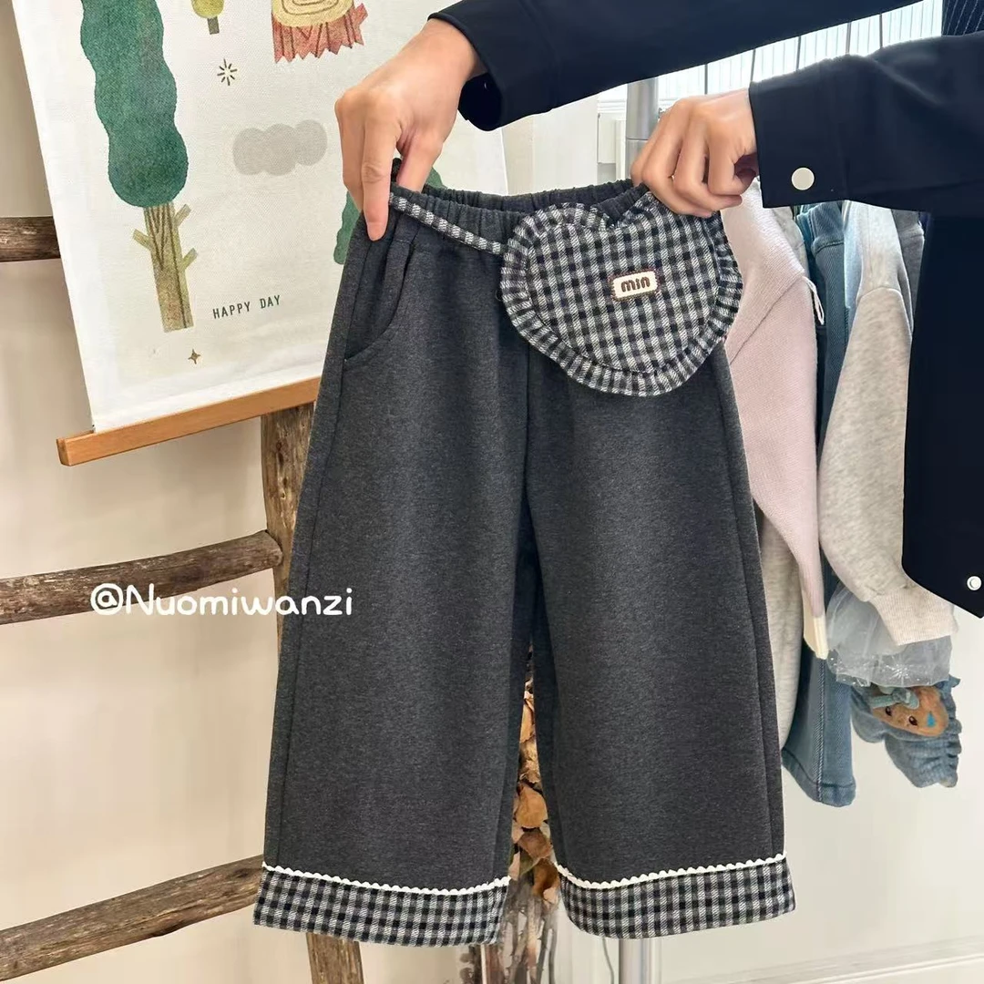 XM-808-儿童时尚洋气百搭裤腿格子拼接直筒裤（冬款）