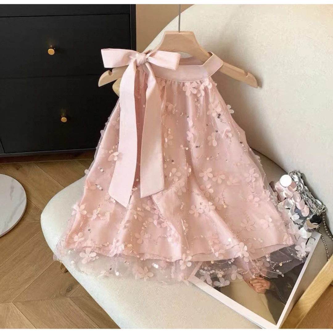 （Xy精选）高级感花朵珠片网纱仙女小衫精致绣花度假风挂脖上衣