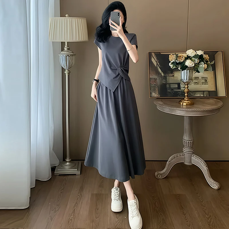 高含棉休闲套装女2025年夏季新款设计感不规则短袖半身裙两件套潮