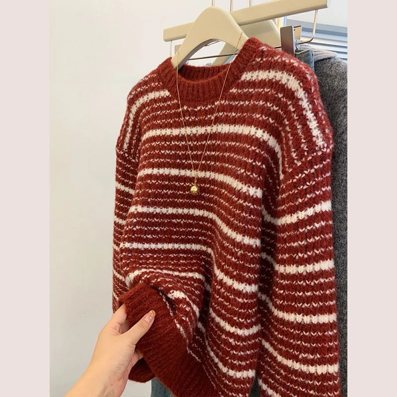 红色条纹圆领套头外穿毛衣女慵懒风高级感加厚秋冬内搭设计感上衣