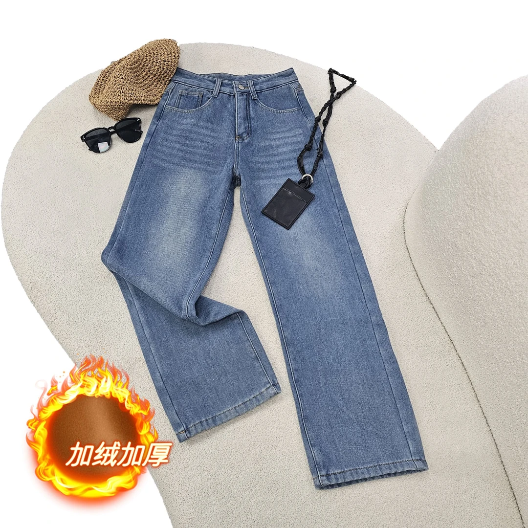 【现货】2024爆款秋冬加绒裤子高腰宽松显瘦阔腿女牛仔裤