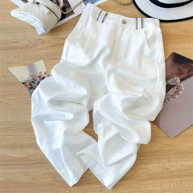 高档天丝亚麻阔腿裤女春夏新款2025新款高腰垂感窄版直筒休闲裤子