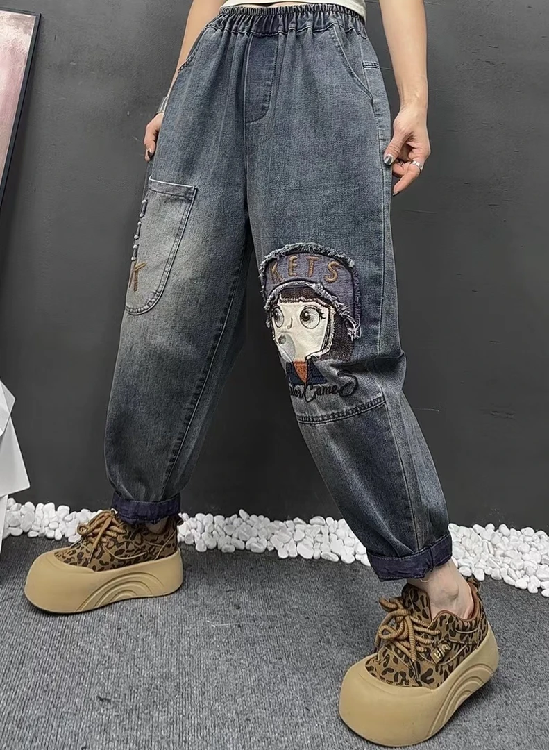 春季大码女装新款柔软舒适刺绣女孩水洗牛仔裤休闲松紧腰哈伦裤