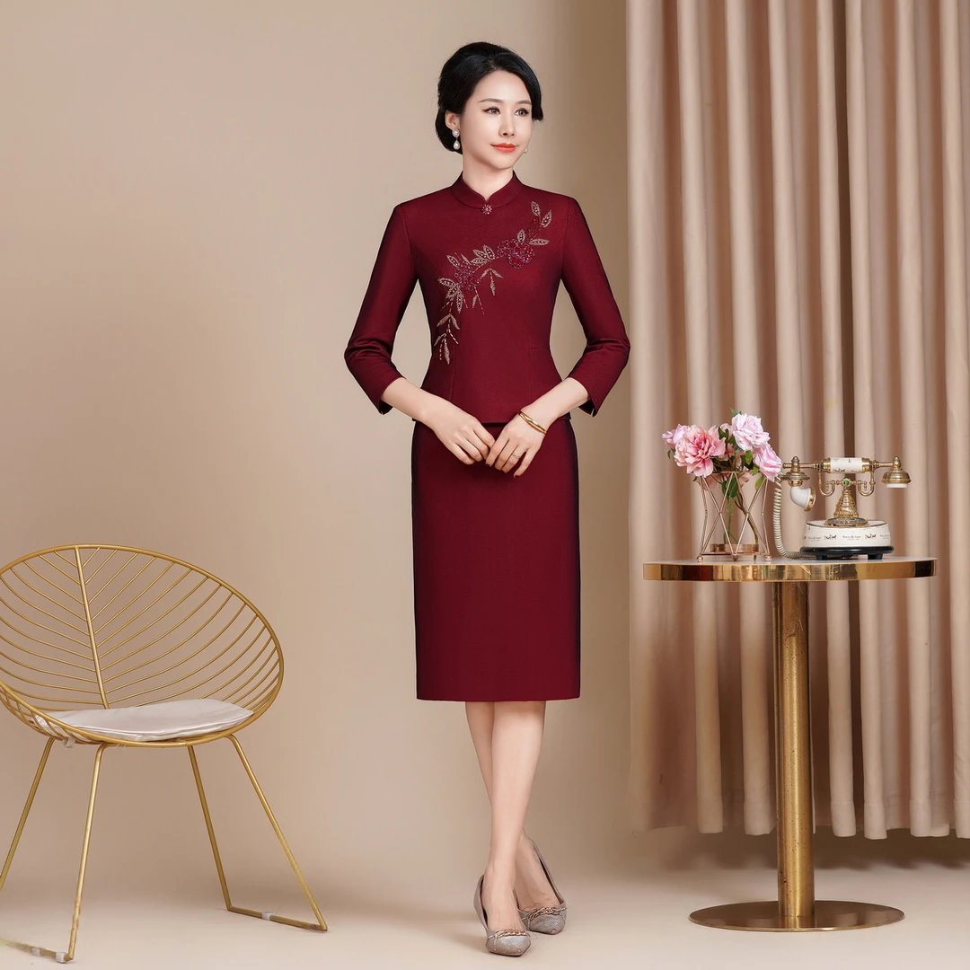 国风旗袍套装两件套改良版两件套钉珠时尚妈妈敬酒服长袖大码5XL