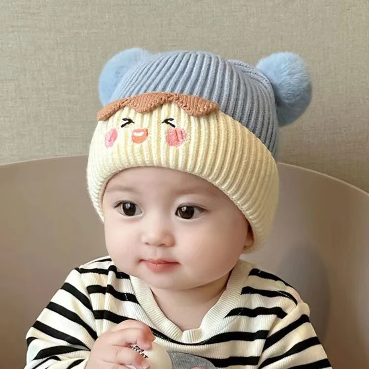 宝宝帽子秋冬季可爱毛球套头帽婴幼儿针织毛线加厚护耳男女超萌HR