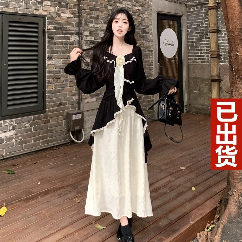 胖mm赫本风拼接连衣裙女2025秋冬新款设计感小众假两件裙子