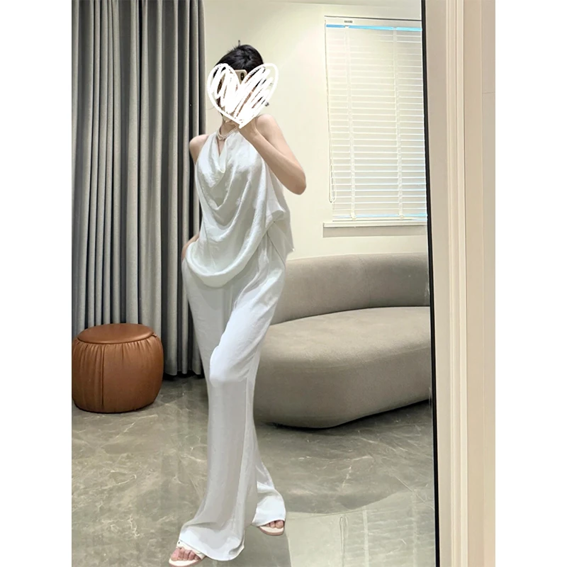 2024夏季新款法式背心松弛流光吊带女挂脖露背外穿上衣高腰休闲裤