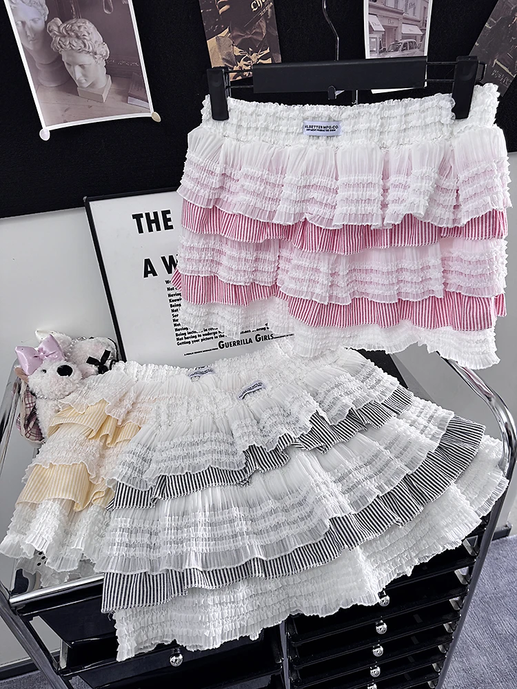 韩版2025春夏季新款松紧腰拼接减龄蕾丝蛋糕裙格纹舒适百搭半身裙