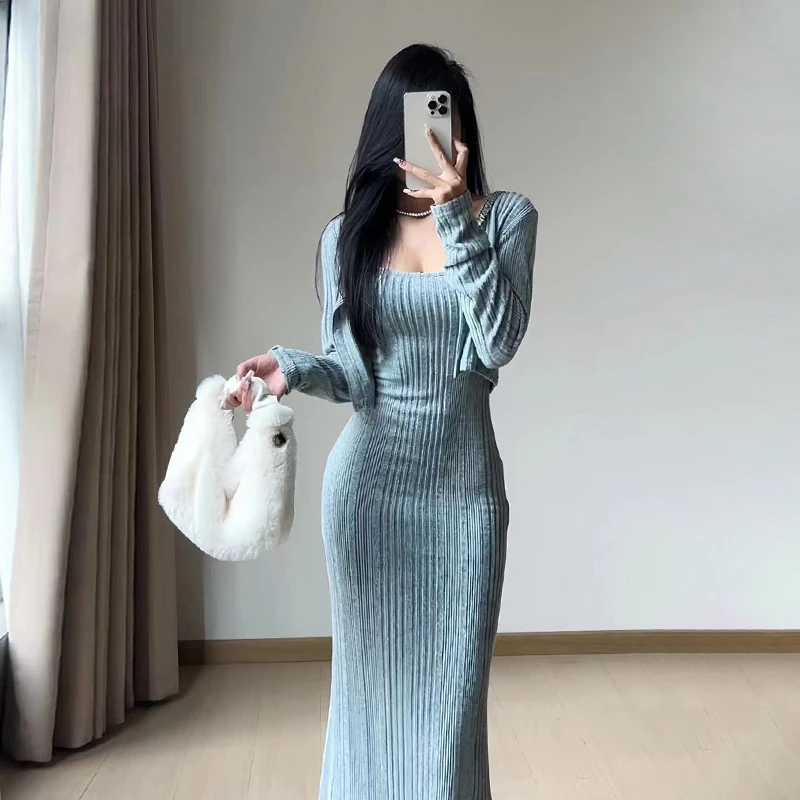 2025春秋设计感法式长袖女开衫性感吊带连衣裙纯欲两件套时尚套装