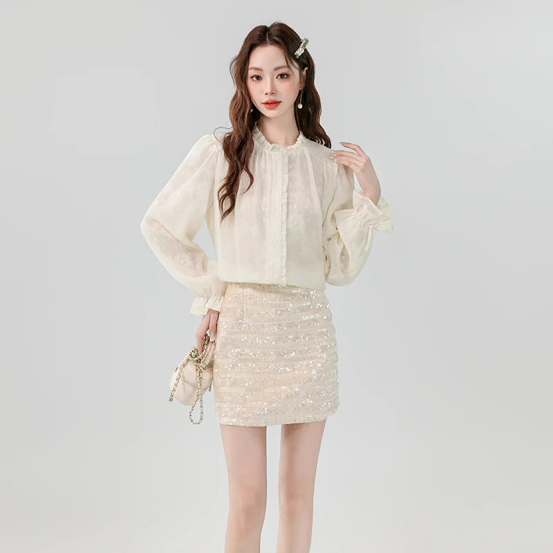2025夏季新款减龄荷叶边泡泡袖蕾丝上衣+短款包臀亮片半身裙套装