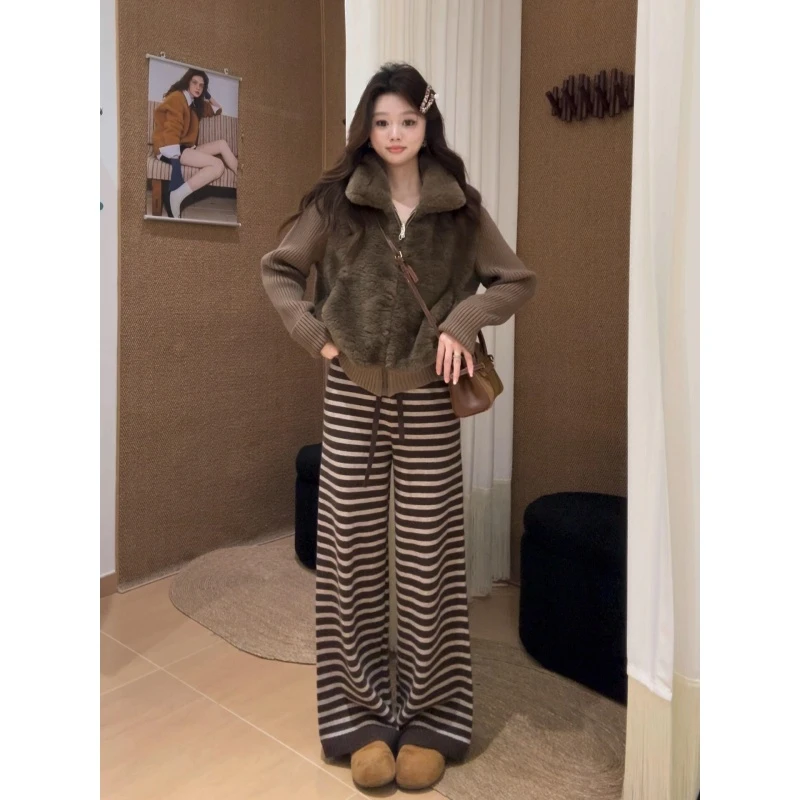 MARIE.COCO韩系复古毛绒软糯外套搭条纹垂感休闲裤秋冬女慵懒潮流