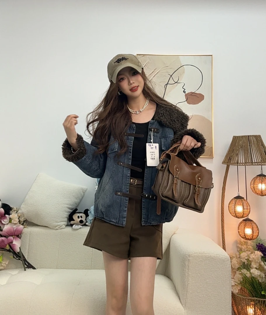 831区A12蓝色毛绒厚款拒污休闲牛仔长袖常规翻领短款