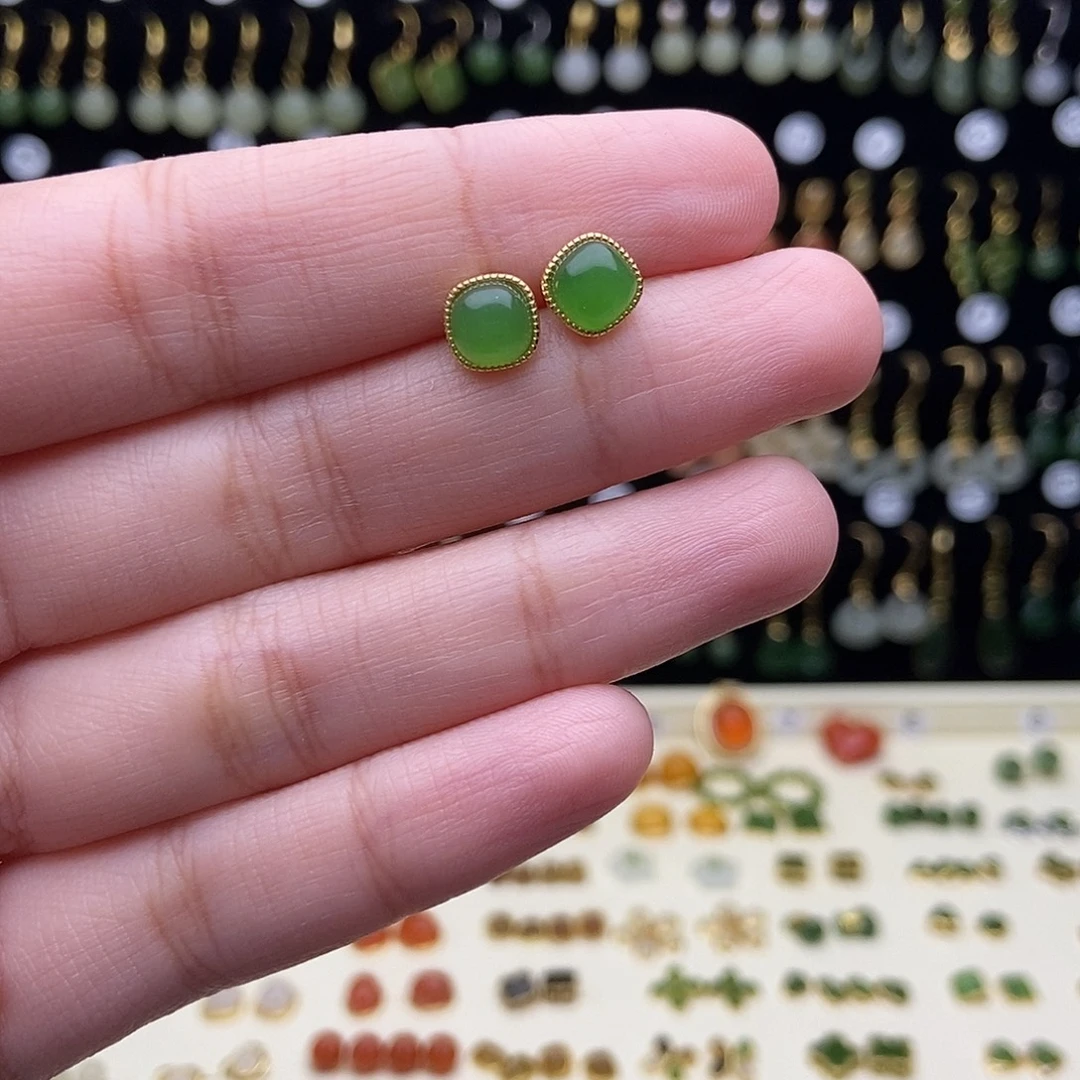 和田玉银S925镀金镶嵌耳饰