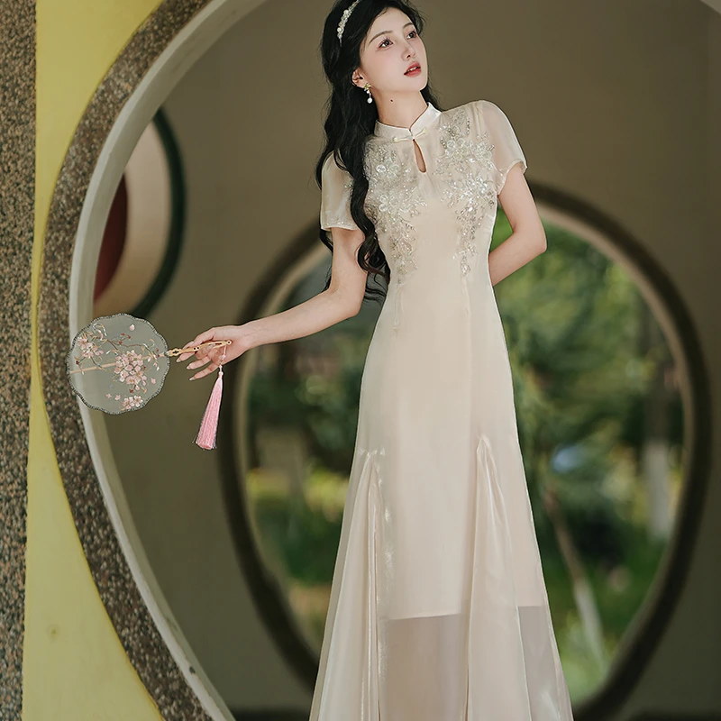 夏季新中式国风长裙改良重工刺绣旗袍连衣裙女温婉气质鱼尾裙6995