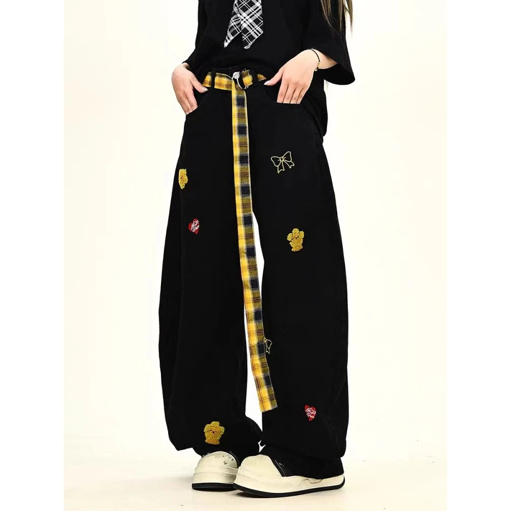美式格纹腰带卡通刺绣设计感牛仔裤女春秋潮牌宽松阔腿拖地长裤子