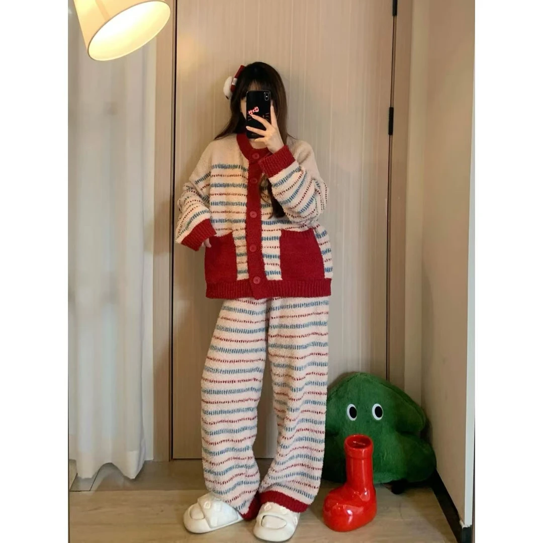 力婷睡衣女红色复古条纹半边绒冬季新款加绒加厚本命年家居服套装