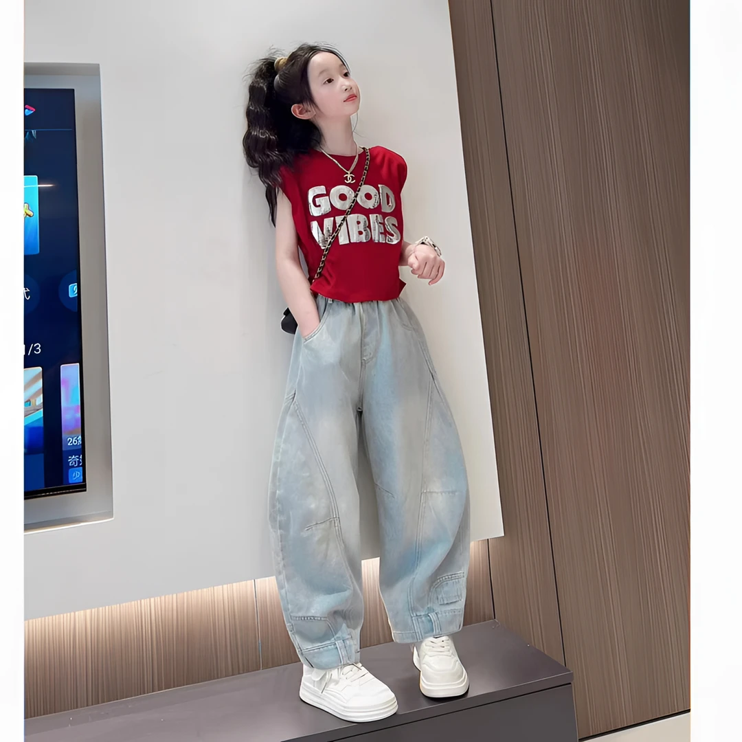 女童时尚亮片字母T恤2025新款薄款儿童宽松弯刀阔腿裤夏季薄款潮