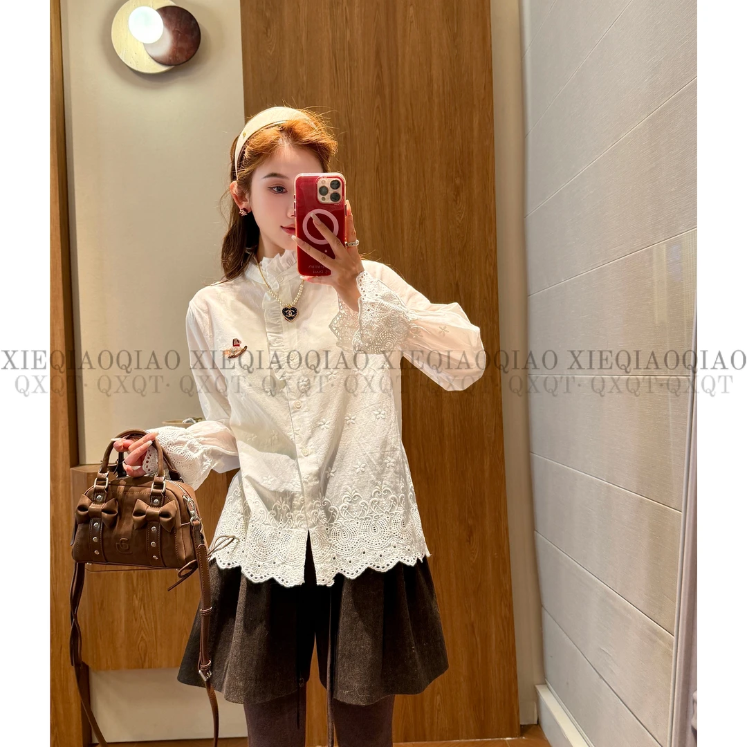 谢荞荞「暮光奏曲」秋冬季新款木耳边领镂空花边喇叭袖宽松白色衬衫