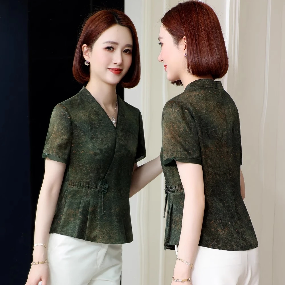 杭州桑蚕丝新中式小衫花罗香云纱上衣女新短袖优雅真丝夏季妈妈装