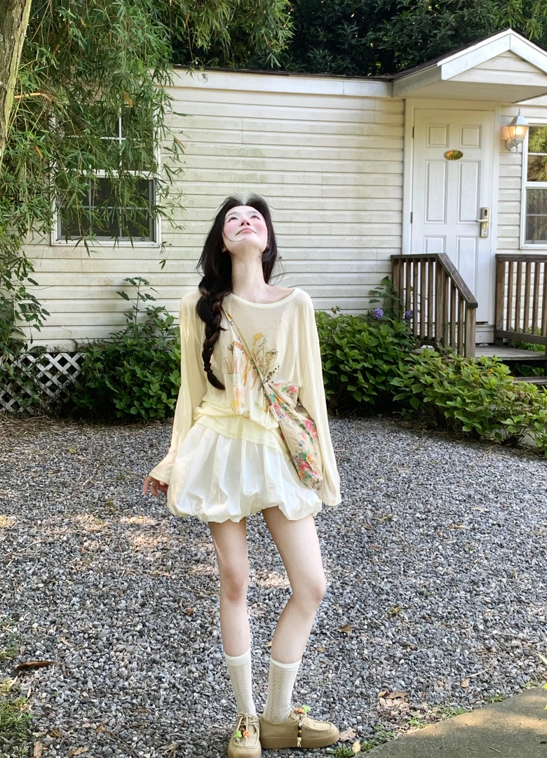 薄款罩衫长袖t恤女2025新款夏季宽松休闲慵懒上衣显瘦花苞短裙子