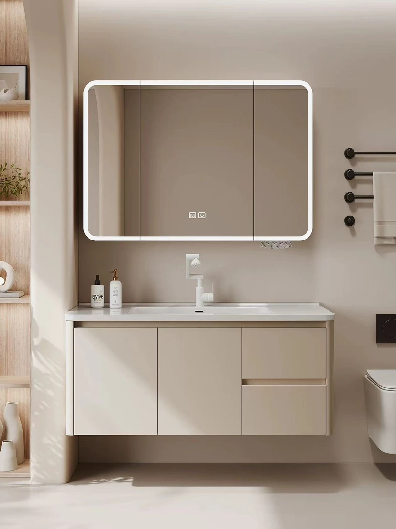 奶油风抽屉款蜂窝铝双抽屉一体盆卫生间浴室柜组合