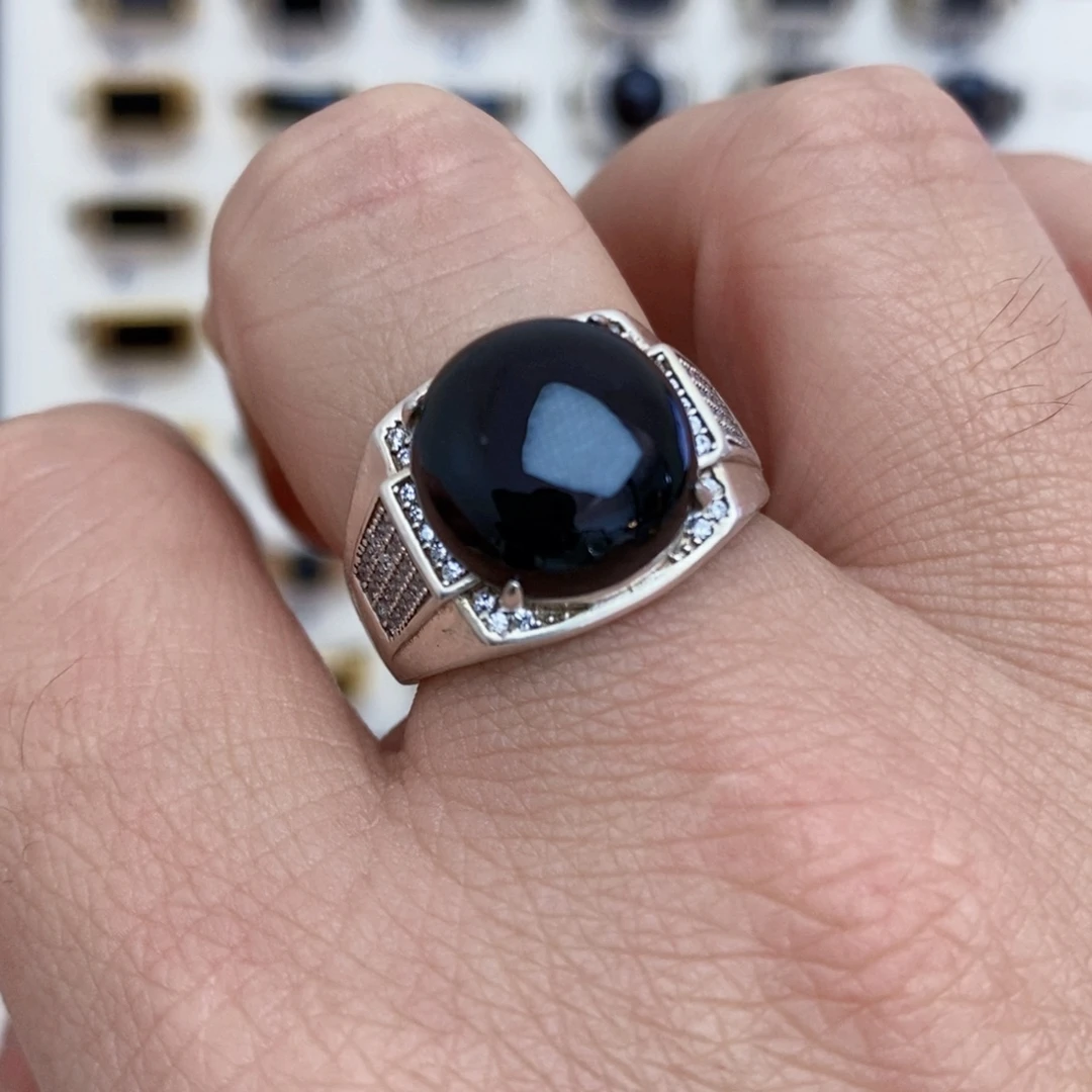 翡翠银S925镶嵌戒指墨翠戒指