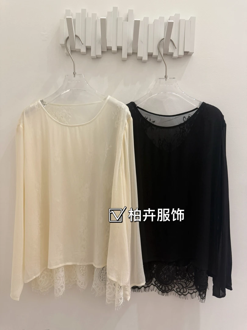 【柏卉服饰】蕾丝拼纱长袖T恤