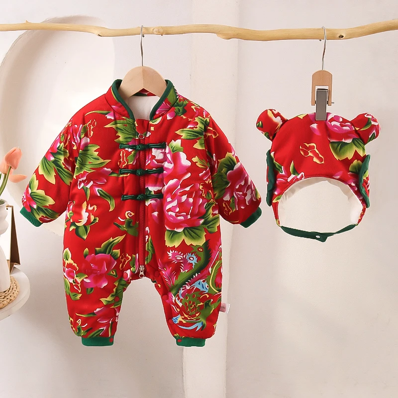 东北大花厚棉连体百搭洋气时尚可爱宝宝外出哈衣加绒加厚保暖秋冬